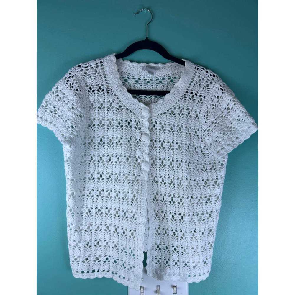 Dressbarn White Crochet Cardigan Short Sleeve Size 14/16 Boho Cottagecore Vintag